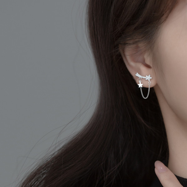 A35642 s925 sterling silver small trendy rhinestone stars chain tassel earrings