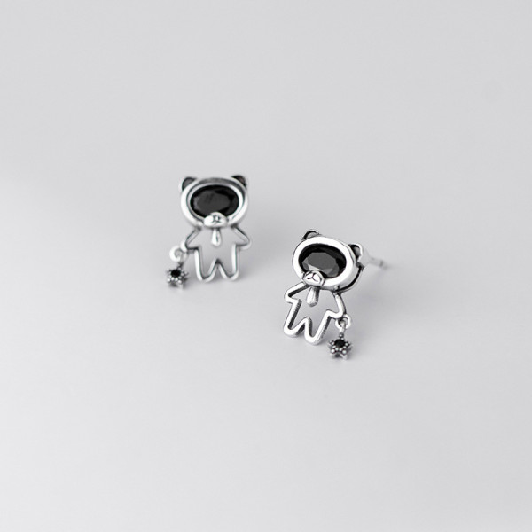 A35937 s925 sterling silver vintage silver hollowed black rhinestone cute bear earrings