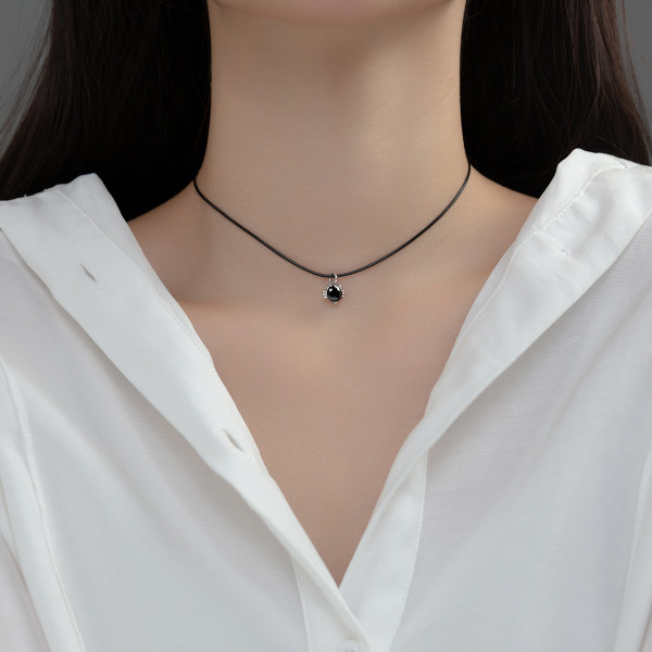 A35268 s925 sterling silver cute rhinestone pendant black ropechock necklace
