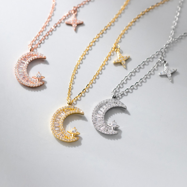 A41676 s925 sterling silver vintage sparkling rhinestone moon elegant necklace