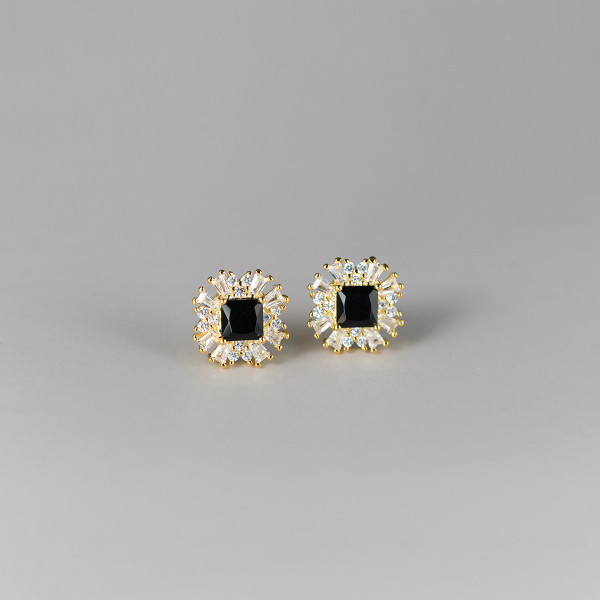 A43143 s925 sterling silver vintage circle black square rhinestone stud design earrings