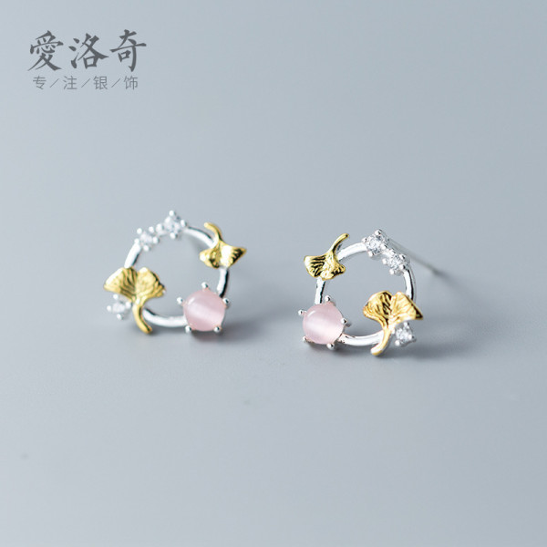 A42241 s925 silver stud sweet circle artificial cateye earrings