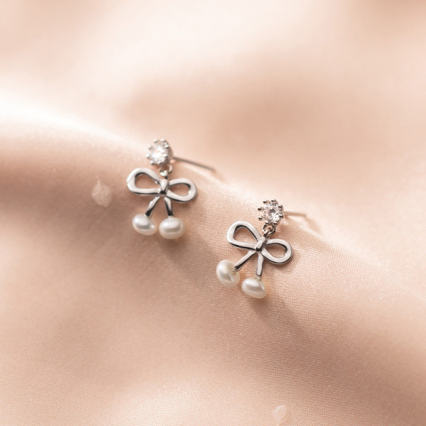 A35967 s925 sterling silver chic simple sweet bow pearl earrings