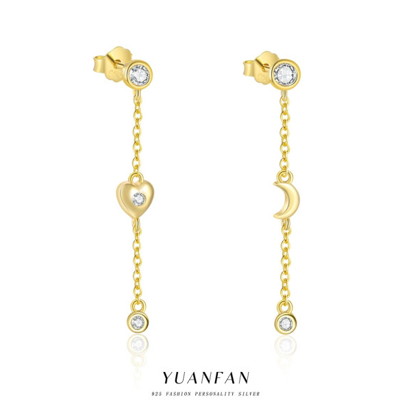 A44605 s925 sterling silver heart moon rhinestone stud fashion long fringe earrings