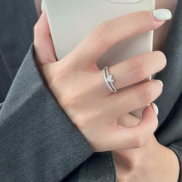 A46411 s925 sterling silver simple double layered rhinestone heart ring
