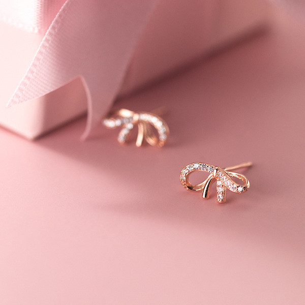 A32297 s925 sterling silver sweet trendy cute rhinestone bow earrings