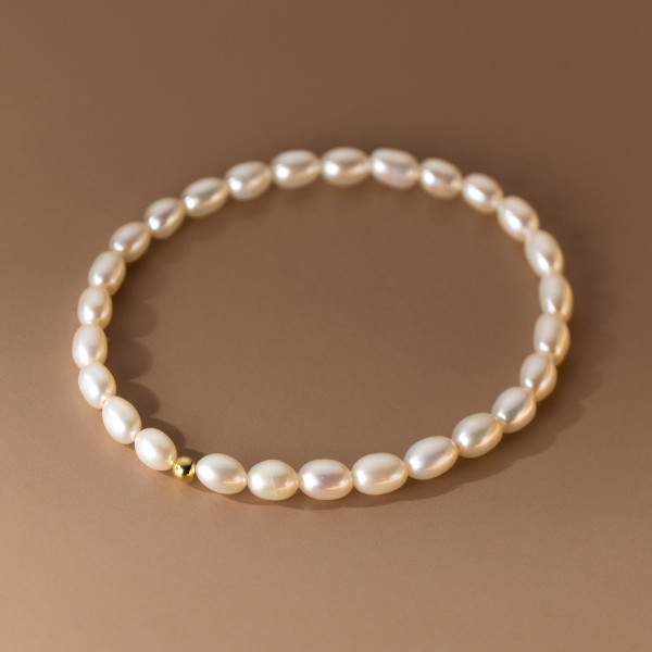 A39174 s925 sterling silver gold pearl charm vintage bracelet