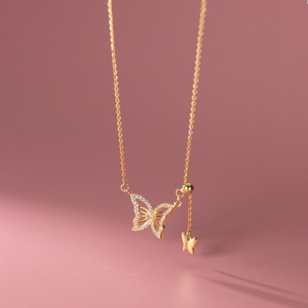 A36747 s925 sterling silver rhinestone butterfly necklace