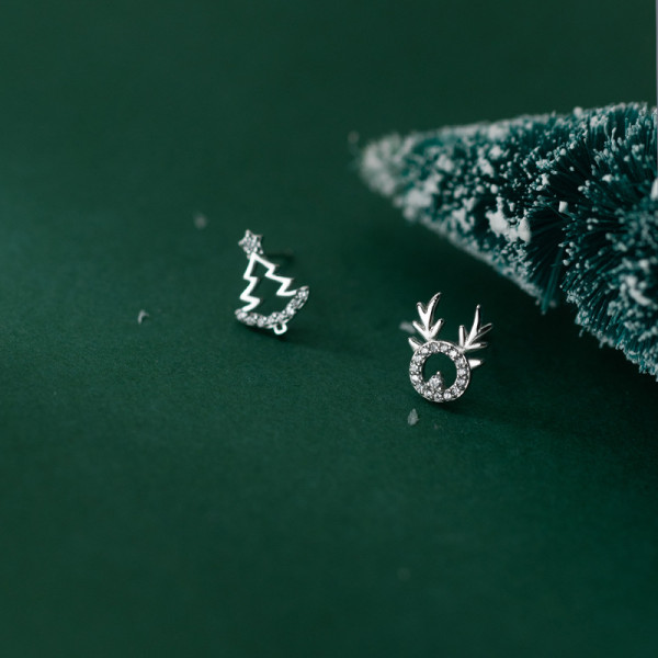 A44795 s925 sterling silver deer stud symmetric rhinestone christmas tree earrings