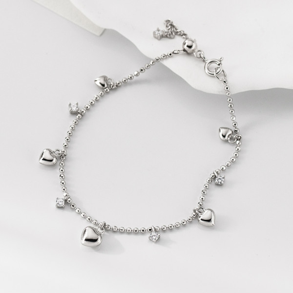 A46230 s925 silver sweet extra rhinestone heart fringe charm bracelet