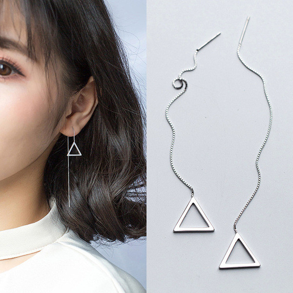 A34674 s925 sterling silver triangle string simple hollowed long geometri earrings