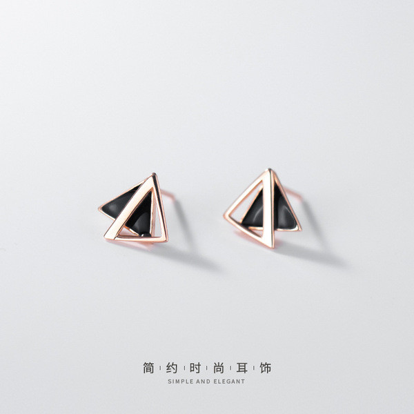 A32348 s925 sterling silver chic black geometric hollowed triangle earrings