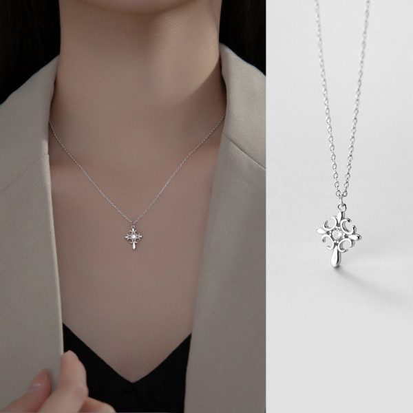 A35360 s925 sterling silver chic rhinestone cross fashion simple necklace