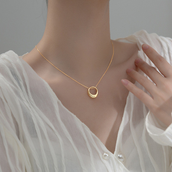A32425 s925 sterling silver geometric circle hollowed chic sweet necklace