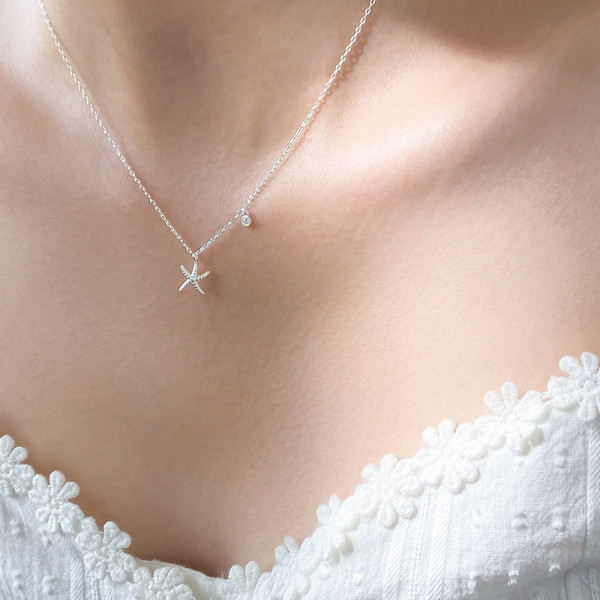 A45039 s925 silver sweet dainty rhinestone starfish necklace