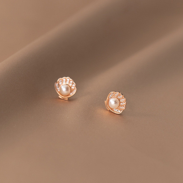 A33732 s925 sterling silver simple trendy rhinestone shell pearl sweet earrings