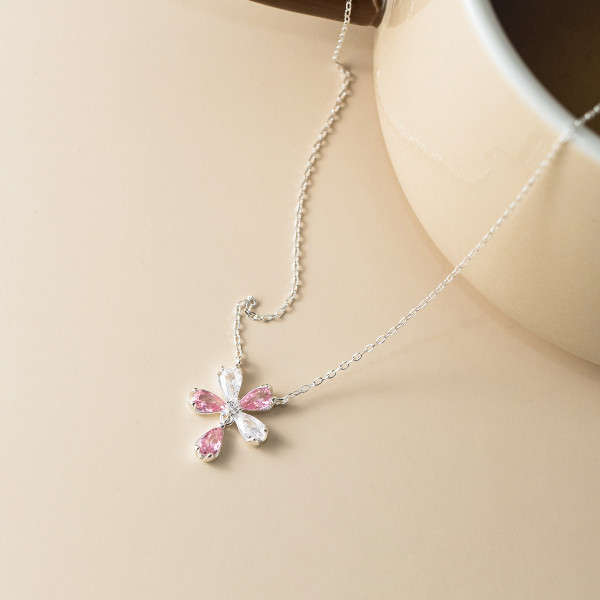 A46405 s925 silver sweet teardrop pink rhinestone necklace