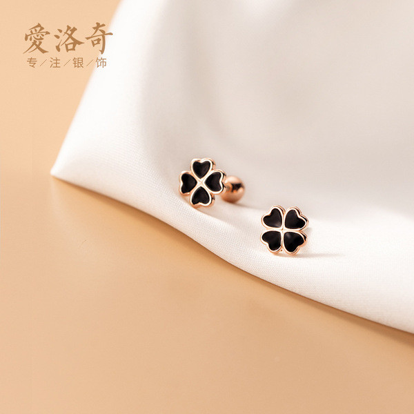 A33205 s925 sterling silver black flower earrings