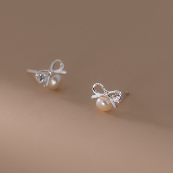A41193 s925 sterling silver cute pearl rhinestone butterfly stud sweet earrings