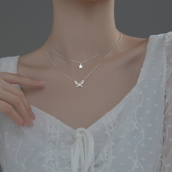A33996 s925 sterling silver trendy sweet ect rhinestone butterfly doublelayer necklace