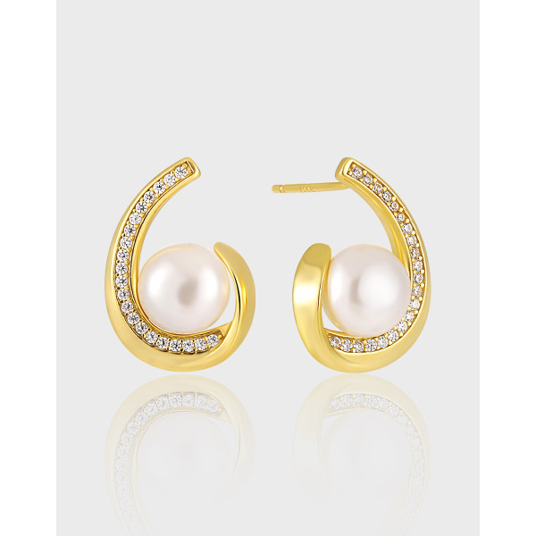 A40631 teardrop sparkling rhinestone pearl s925 sterling silver stud earrings