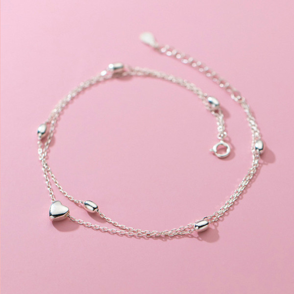 A34953 s925 sterling silver doublelayer heart anklet trendy heartshape bracelet