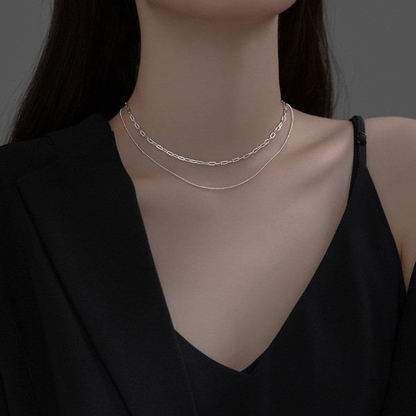 A34551 s925 sterling silver doublelayer bead chain necklace