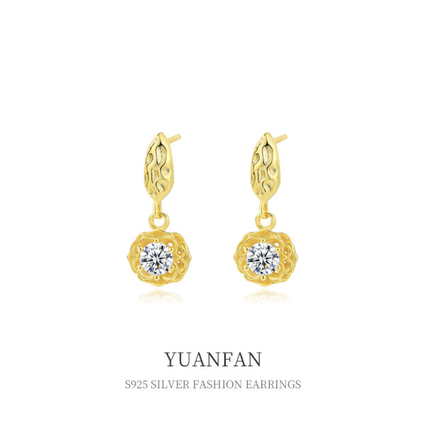 A39705 sterling silver wrinkled flower stud unique cubic zirconia dangle earrings