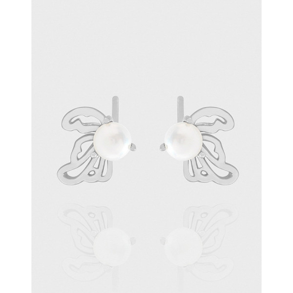 A43279 design hollowed wing pearl stud sterling silver s925 earrings