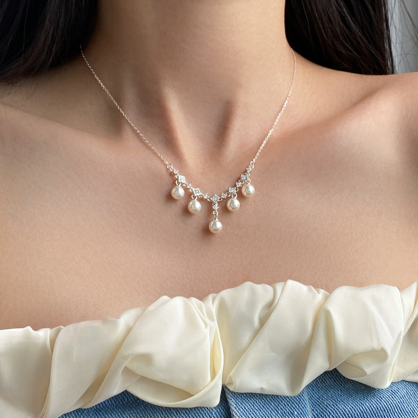 A43243 s925 sterling silver lace pearl rhinestone fringe elegant necklace