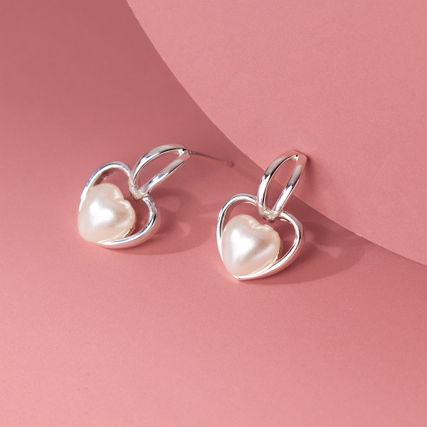 A39147 s925 sterling silver heart artificial pearl stud elegant design earrings