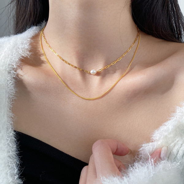 A45137 s925 silver sweet dainty simple double layered pearl necklace