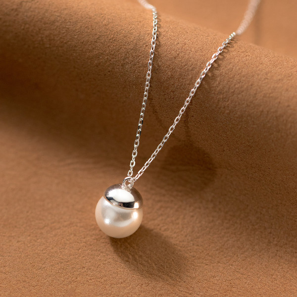 A40805 s925 sterling silver circle artificial pearl simple elegant necklace