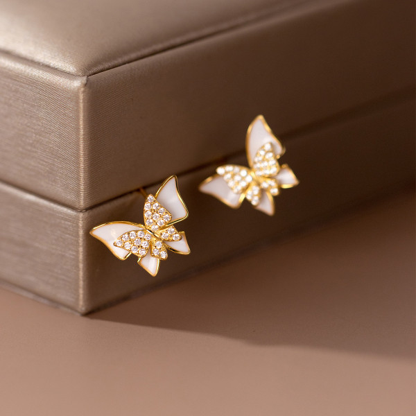 A42181 s925 silver sparkling rhinestone double butterfly elegant earrings