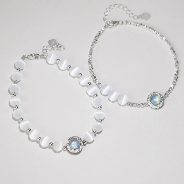 A46014 s925 silver trendy sweet dainty rhinestone cateye charm bracelet