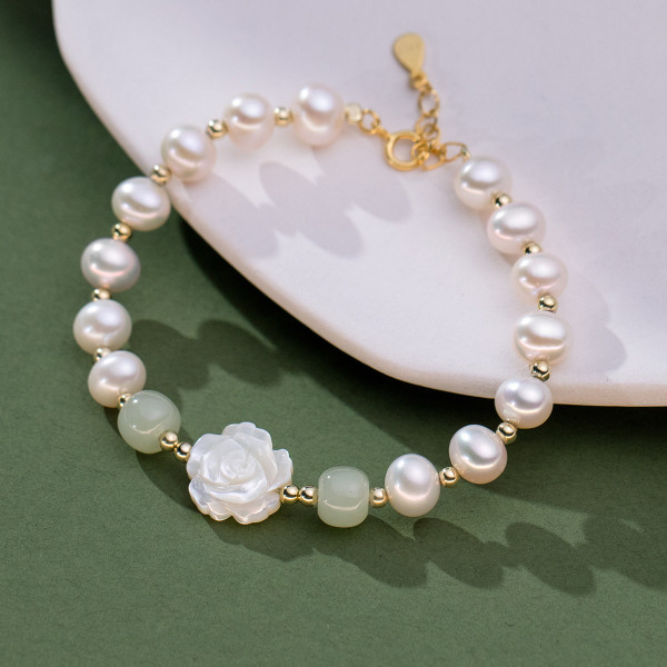 A40253 s925 sterling silver shell pearl charm trendy elegant bracelet