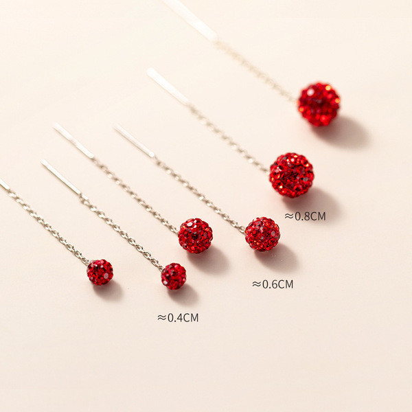 A32287 s925 sterling silver red sparkling circle string chic rhinestone short earrings