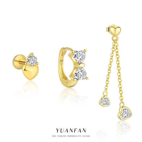 A44349 s925 sterling silver heart rhinestone stud dainty fringe earrings
