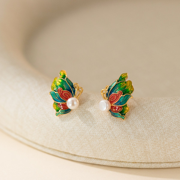 A45545 s925 sterling silver sweet gold enamel dainty pearl butterfly stud earrings
