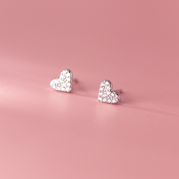 A44142 s925 silver stud simple dainty rhinestone heart earrings