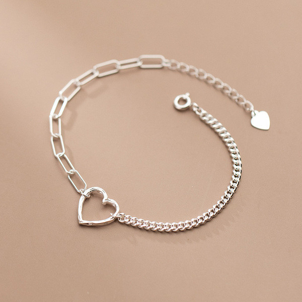 A34256 s925 sterling silver trendy asymmetric heart sweet chic bracelet