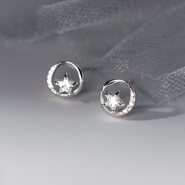 A38494 s925 sterling silver rhinestone stars circle stud elegant grade earrings