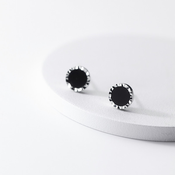 A42198 s925 silver circle artificial black agate stud simple elegant fashion earrings