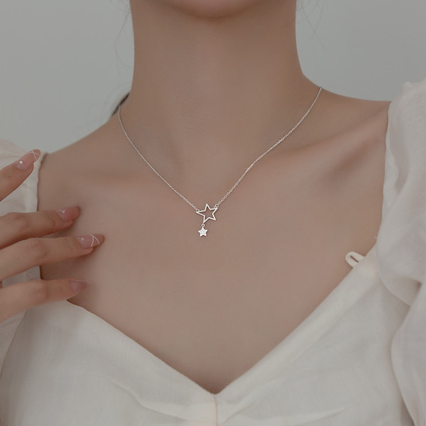 A35336 s925 sterling silver fashion hollowed star rhinestone trendy set necklace
