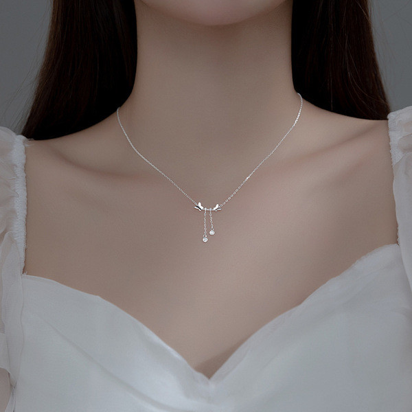 A34604 s925 sterling silver trendy simple butterfly tassel rhinestone sweet necklace