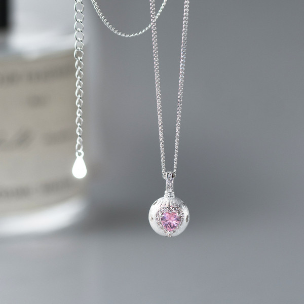 A46414 s925 sterling silver simple pink rhinestone ball heart necklace