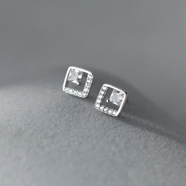 A37423 s925 sterling silver square rhinestone hollowed stud design earrings