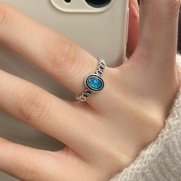 A42694 s925 sterling silver hollowed oval artificial opal fashion ring