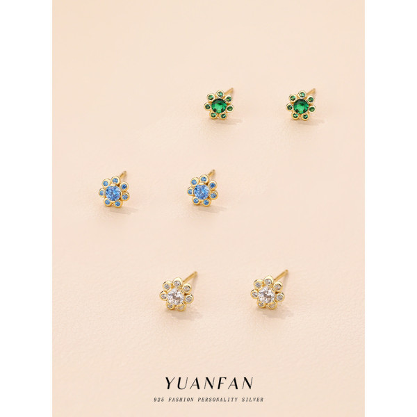 A43681 s925 silver floral stud unique cubic zirconia dainty earrings