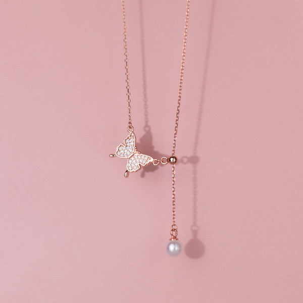 A34107 s925 sterling silver fashion rhinestone butterfly necklace